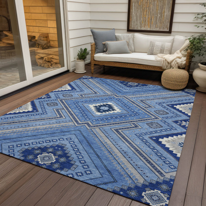 Blue Tribal Pattern Washable Synthetic 8' x 10' Rug