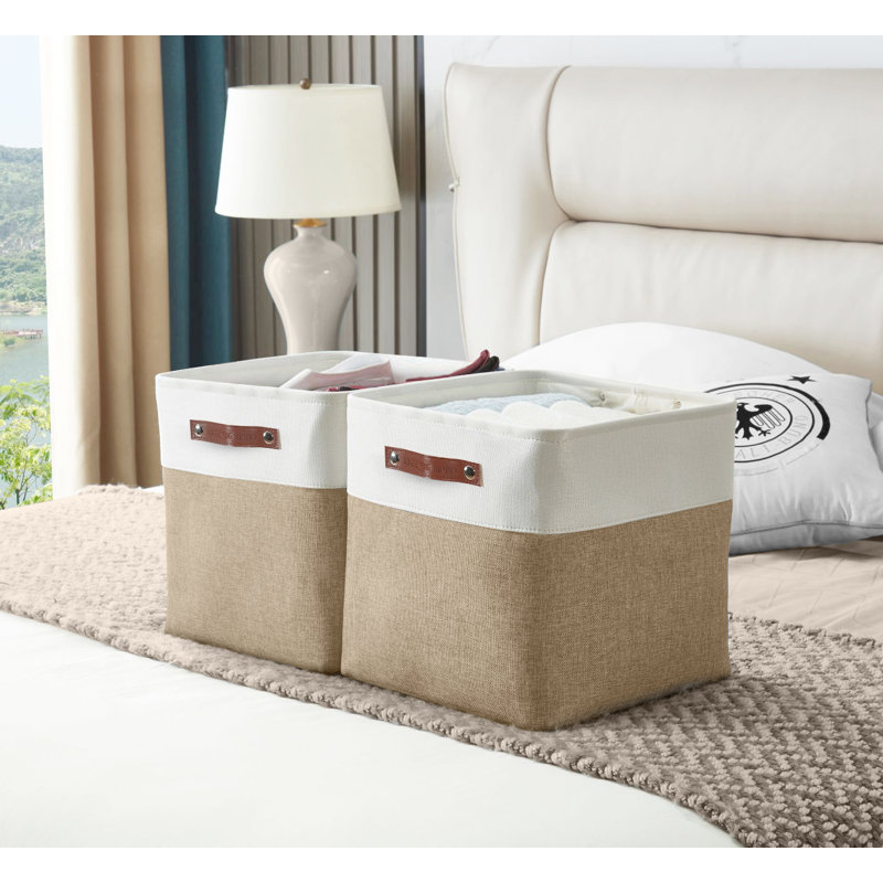 Beige and White Rectangular Fabric Storage Bins with Handles