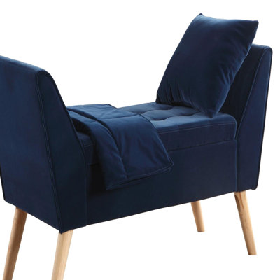 Banc de rangement de 35 po de hauteur style Mid-Century avec oreiller et couverture, bleu marine