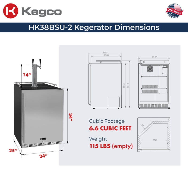 Kegco 24" Wide Dual Tap Stainless Steel Built-In Right Hinge Kegerator with Kit