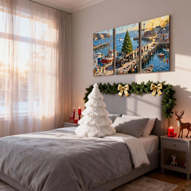 Scène de port de Noël avec arbre de Noël et bateau, ensemble de 3 impressions sur toile, H 36 po x l 72 po