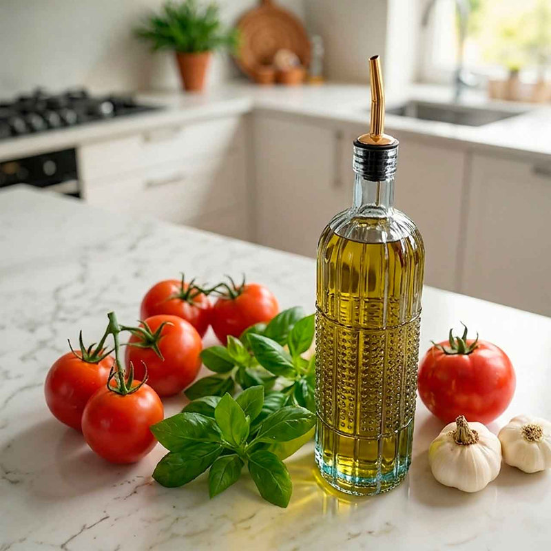 Huilier / Vinaigre en verre recyclé avec bec verseur doré, texture nervurée, 16,9 oz