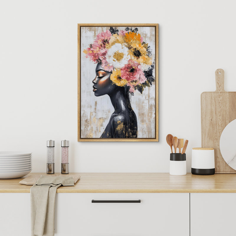 "Elegance Gold Pink Floral", Portrait d'une femme afro-américaine, impression sur toile encadrée, H 36 po x l 24 po