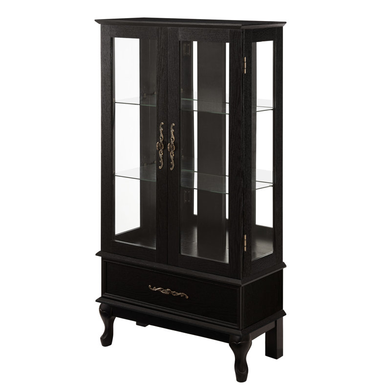 Vitrine lumineuse en verre avec tablettes réglables, portes, dossier en miroir, poignées et tiroir en métal rétro - tiroir de style esthétique