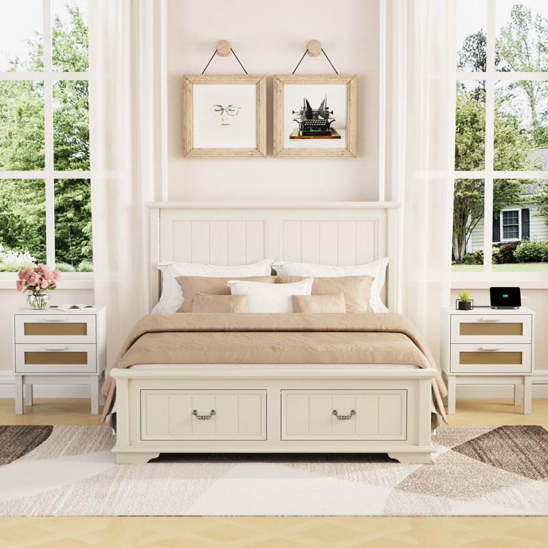 2 Drawer Nightstand, Built-in Charging Station, Bedside Table For Bedrooms (set Of 2), White, Set of 2