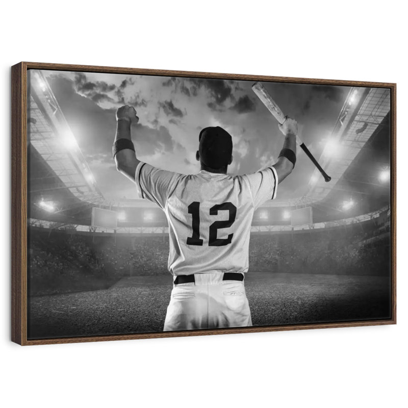 Joueur de baseball, 31 po x 21 po, Cadre flottant noyer