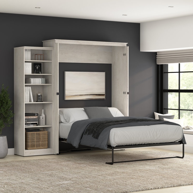 Grand lit escamotable avec rangement pour garde-robe (94 W), Chêne blanc lin, Queen