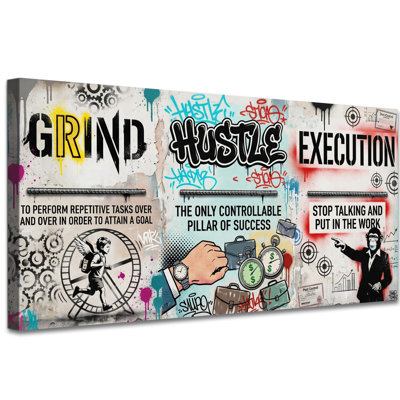 «Grind Hustle», impression sur toile Graffiti, art de la rue, décoration murale avec succès, citation, peinture pour bureau, salle de gym à domicile, toile tendue, 12 po x 24 po