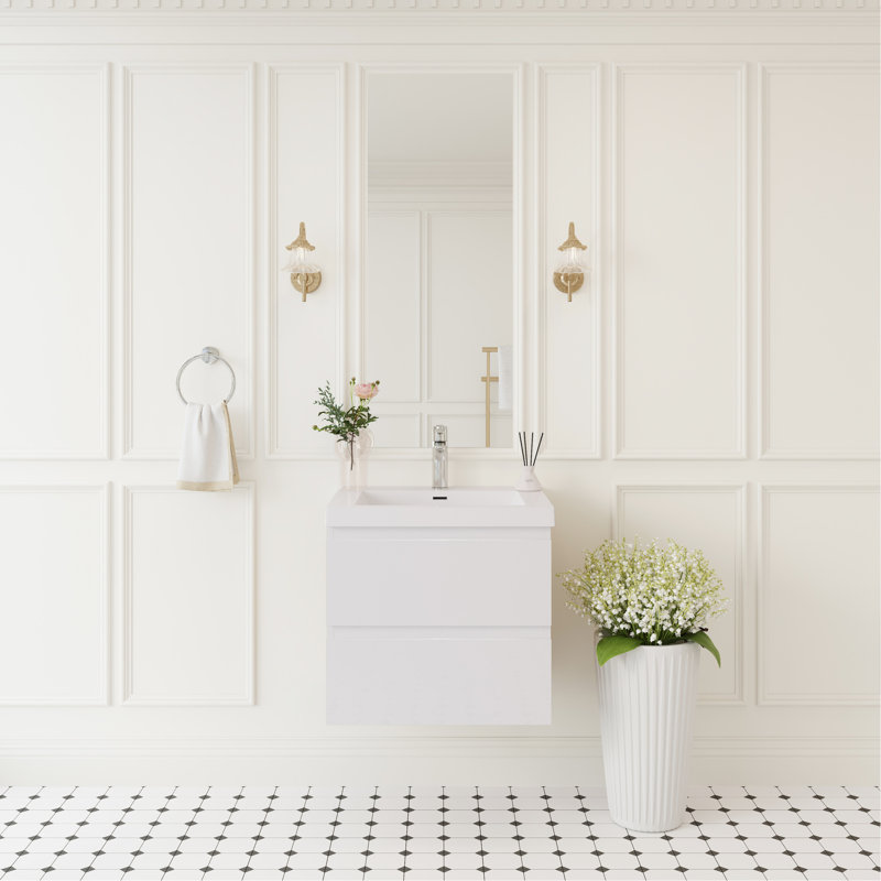 Meuble-lavabo mural moderne 24 po avec lavabo, tiroirs à fermeture en douceur, blanc brillant, pour un style facile à nettoyer