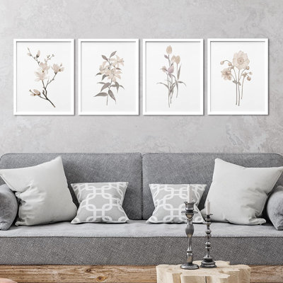 «Minimal Botanical», art mural encadré aquarelle fleurs de cerisier et marguerite, ensemble de 4 impressions murales nature sauvage, décoration murale botanique floral pour le salon, impression encadrée de 4 pièces pour chambre à coucher