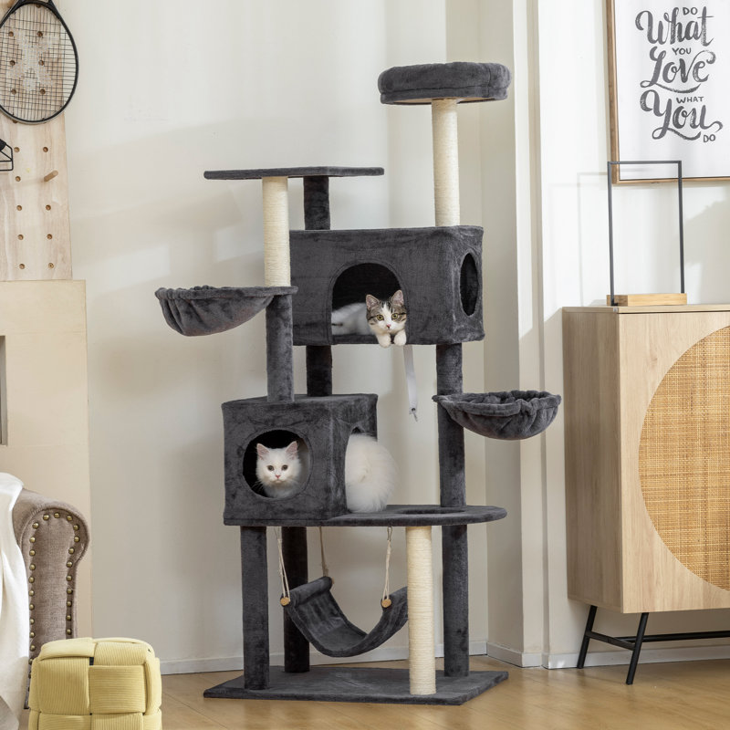 Arbre à chat 66 po avec 2 portes, 3 grands hamacs, gris foncé, Gris