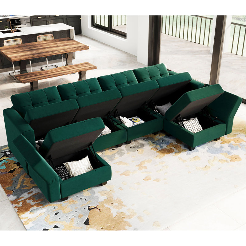 Buckleton 116.6'' Wide Tufted Velvet Sectional Sofa Reversible Modular Couch with Storage Ottoman, Green Velvet