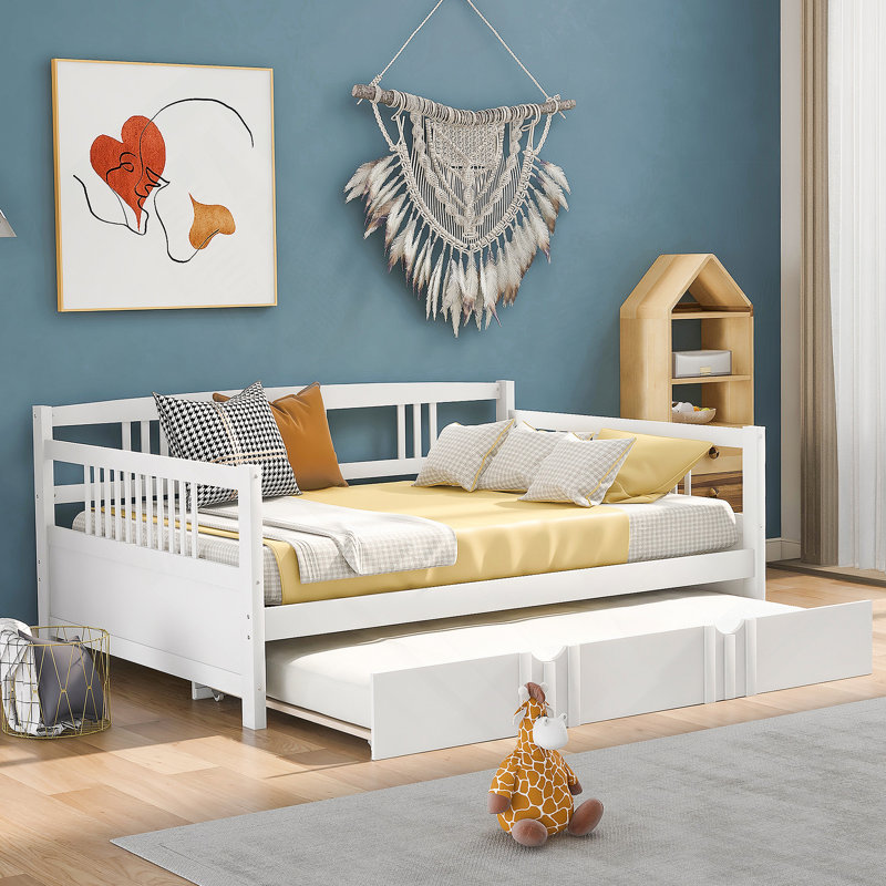 Daybed Wood Bed with Twin Size Trundle, Full/Double, White