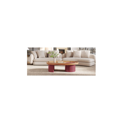 Table basse ovale en bois avec rangement 45,3 po, plateau en noyer avec pieds rouges, table de salon Mid-Century moderne, mobilier d'appoint de style campagnard pour grands espaces, assemblage facile
