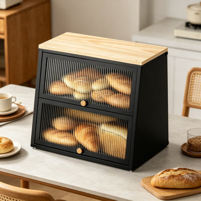 Boîte à pain pour comptoir de cuisine, contenant de rangement à pain en métal à 2 niveaux avec porte ondulée en acrylique, plateau en bambou, joint magnétique, base antidérapante
