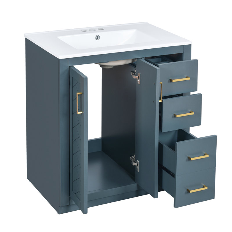 Bathroom Vanity With Ceramic Sink Combo Bathroom Storage Cabinet/ Freestanding Vanity Set With 3 Drawers& Doors, Blue