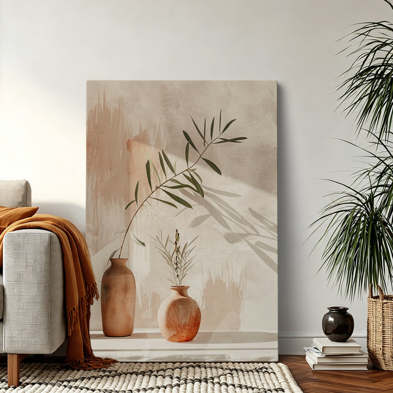 Décoration murale bohème et neutre à base de branches d'olivier dans un vase en céramique (91 x 61 cm) - Salon, 36" H×24" W