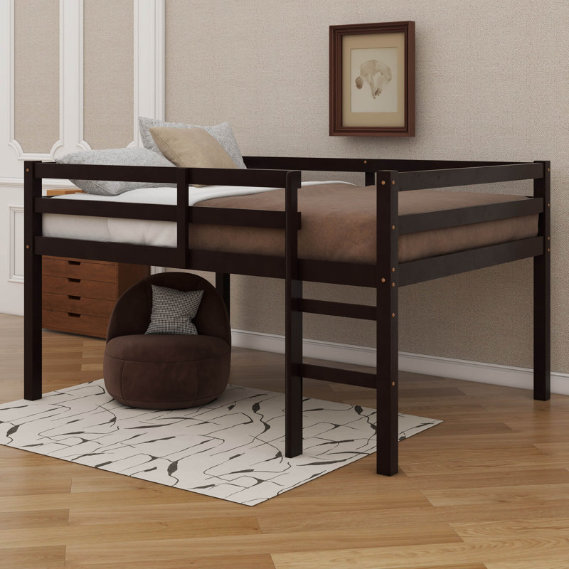 Structure de lit double, lit mezzanine en bois d'hévéa compact avec marches, Espresso