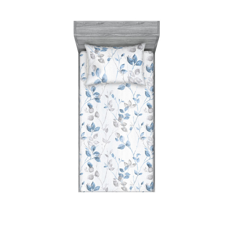 Ambesonne Fitted Sheet & Shams 3 Pcs Retro Botany Exotic Leaves Calking Pale Rust Seafoam Emerald, Sea Blue/Pale Grey Floral