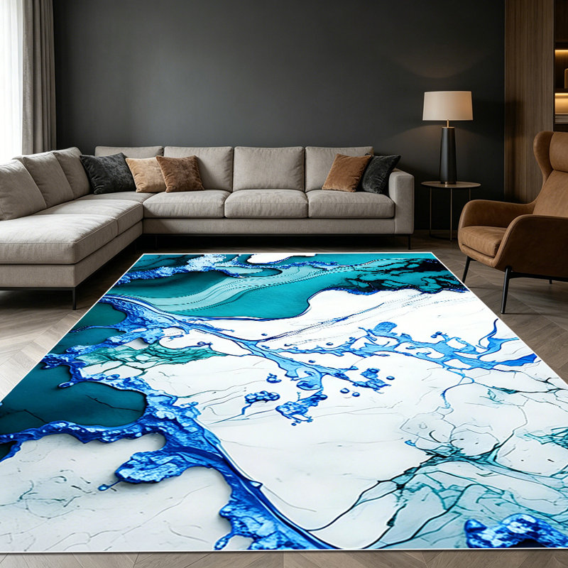 1PC Teal Blue Abstract Fluid Marble area rugs for Living Room, Soft and Comfortable, Suitable for all seasons, easy-to-maintain, machine washable Indoor floor mat, Under Table Farmhouse suitable for dining room, bedroom, entryway, kitchen, home