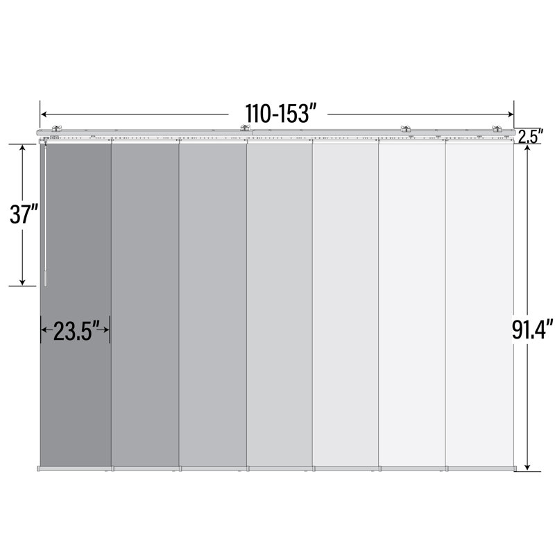 Dunmore 7-Panel Single Rail Panel Track Extendable 110"-153"W x 94"H, Panel width 23.5", Satin Nickel