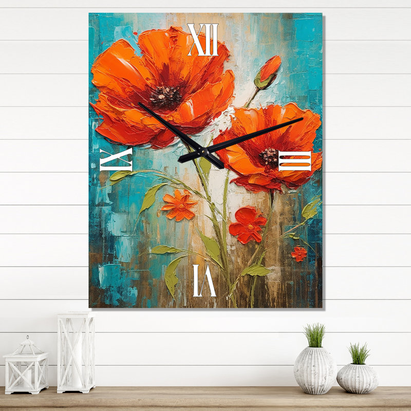 «Blossoming Poppes Sky», peinture d'horloge murale surdimensionnée, Médium