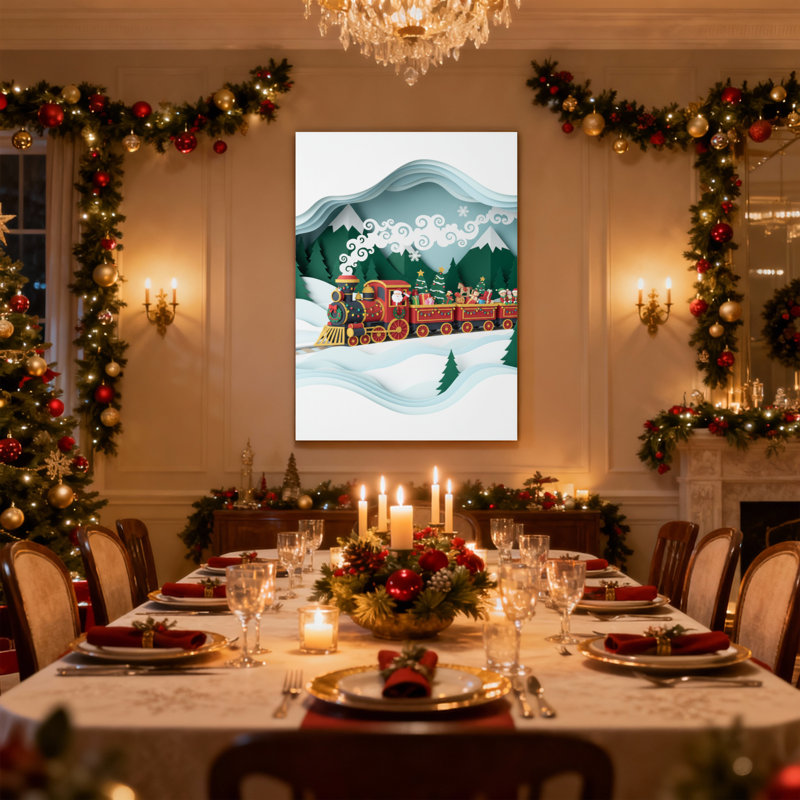 «Christmas Christmas Train Winter Landscape Mountain Forest Snowflake», ensemble de 3 impressions murales sur toile