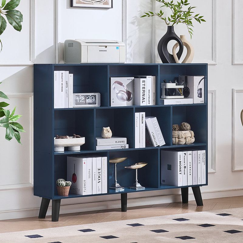 10 Cube Bookshelf,3 Tier Modern Wide Bookcase With Legs,Mid-Century Wood Bookshelves Storage，Retro Large Book Case,Freestanding Organizer Display Shelf For Bedroom,Living Room,Office