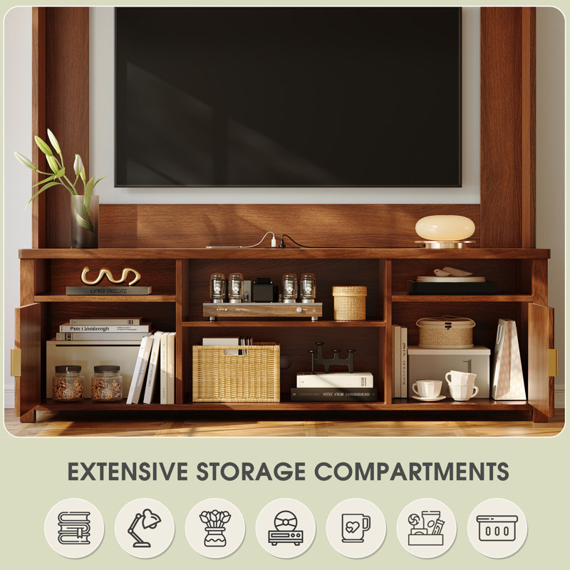 70.9"H Wall Unit Entertainment Center TV Stand with Fluted Panel Design, LED Lights, Charging Station & Storage Cabinets