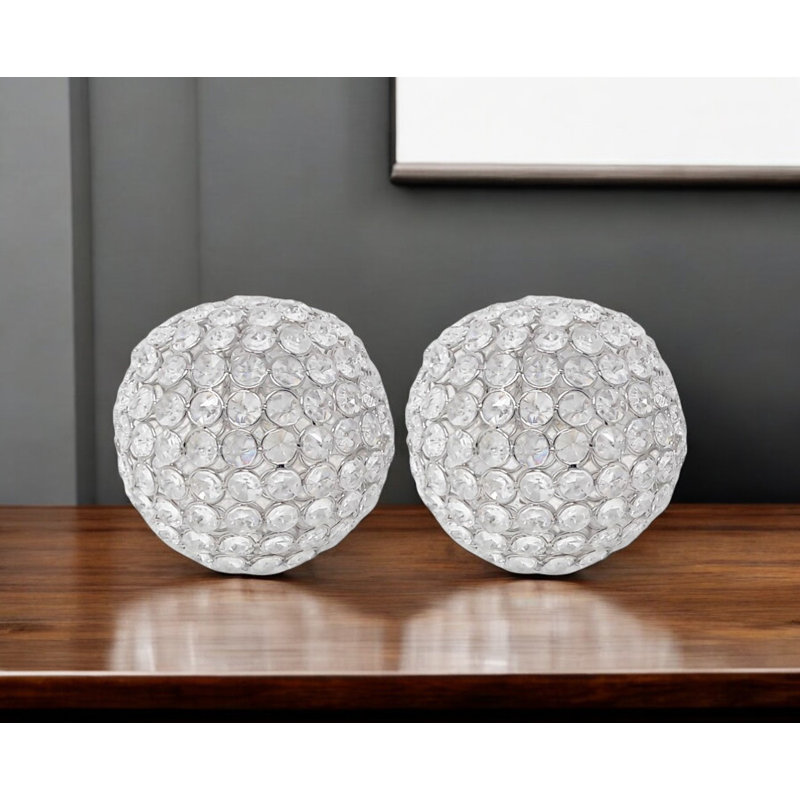 Seda 6" Silver Faux Crystal and Silver Decorative Orb Tabletop Sculpture, 5" H x 5" W x 5" D