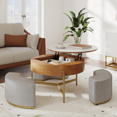Kreitman Round Faux Marble Lift-Top Coffee Table Set With 3 Stools And Storage by Everly Quinn