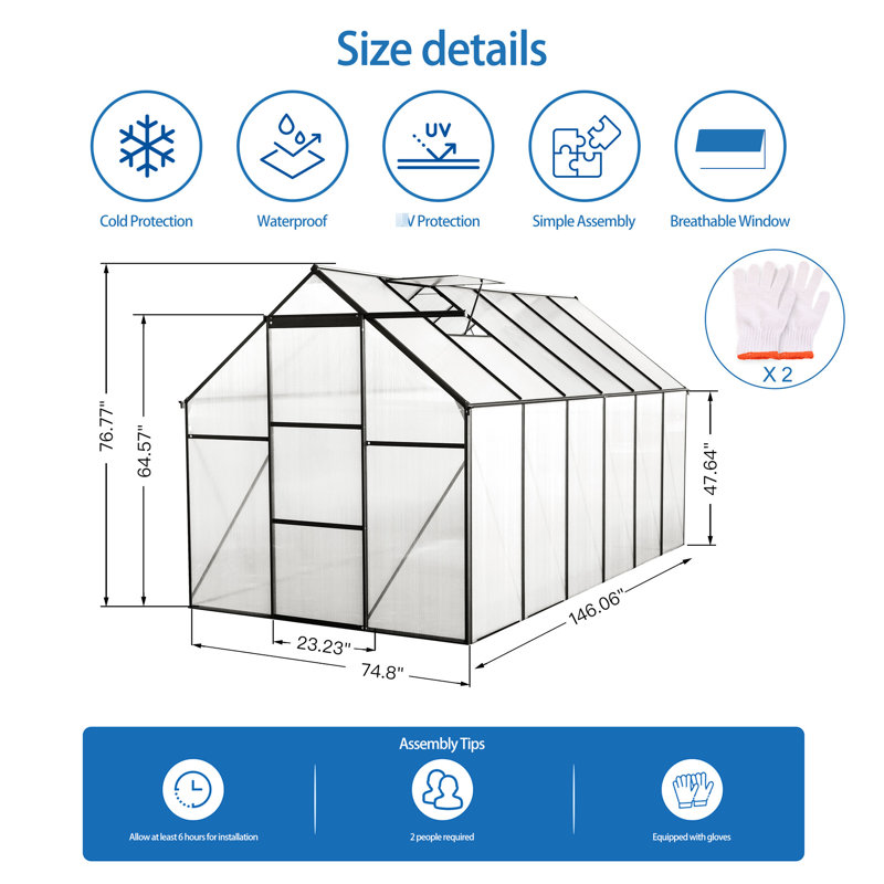 Black Polycarbonate Greenhouse - Heavy Duty, All Season Outdoor For Backyard Sliding Door, Adjustable Roof, Frame Walk-in With Robust Construction Galvanized Base