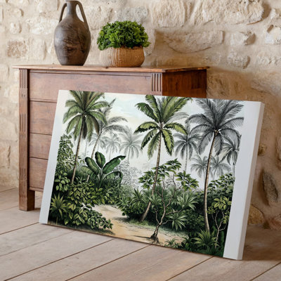 Toile, scène sereine de la jungle mettant en vedette une variété de plantes tropicales, y compris de grands palmiers avec de larges feuilles vertes et de l'art mural sur toile