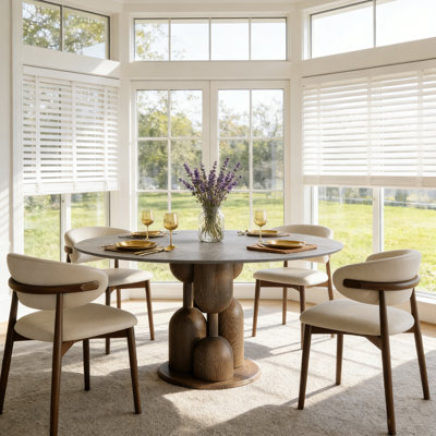 Luxury Modern Round Sintered Stone Dining Table Solid Wood Pedestal Kitchen Table For 4/6/8, One-step Installation