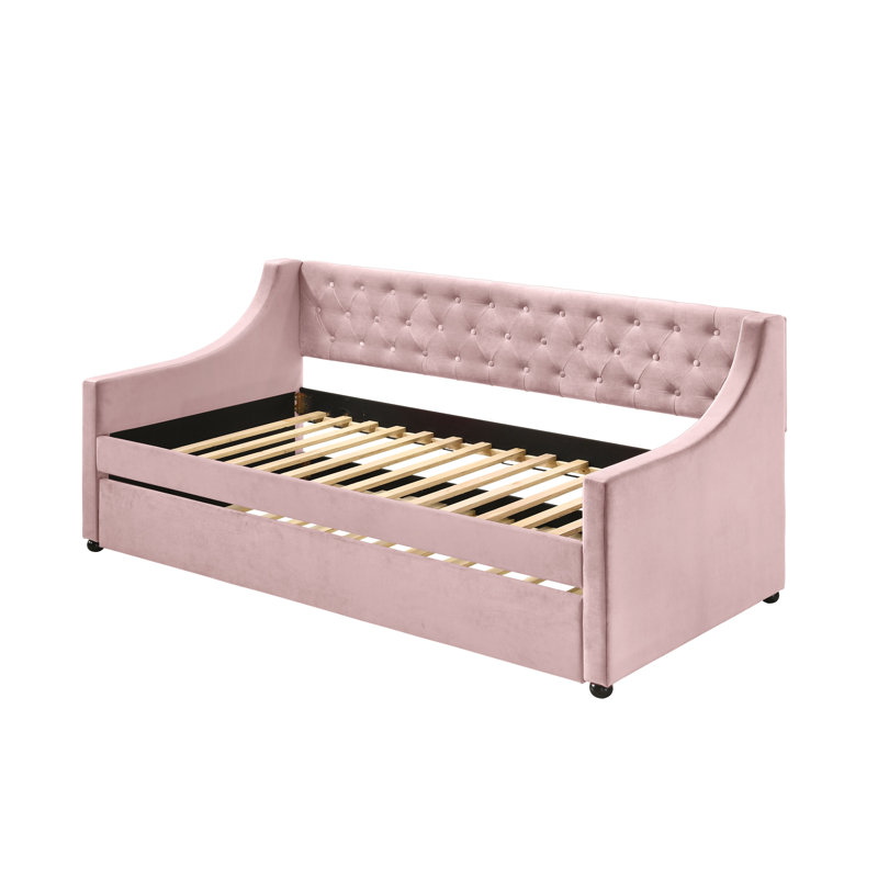Elanah Upholstered Daybed with Trundle, Botton Tufted Design Bed, Pink, Twin