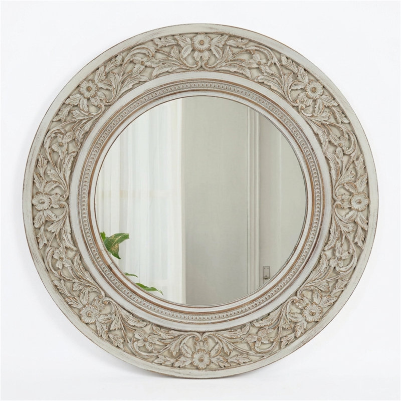 Miroir mural rond blanc antique de 23,62 pouces avec une élégante bordure perlée, convient à la salle de bain / salon / entrée