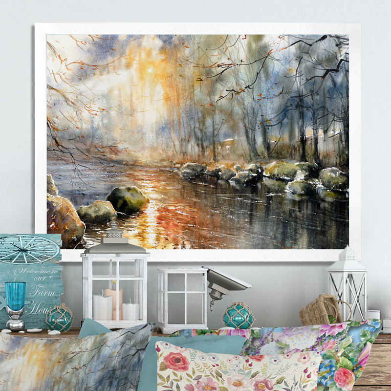 «River in Cloudy Autumn Sunset», reproduction d'art sur toile, H 16 po x l 32 po x P 1 po, Cadre blanc