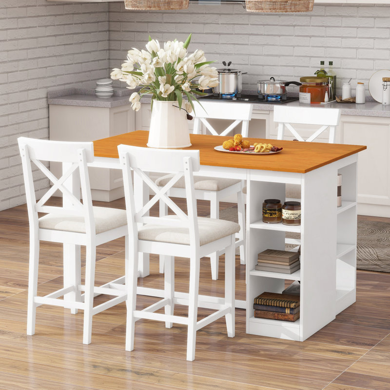 Ensemble de table de salle à manger à hauteur de comptoir en bois massif avec rangement et chaises rembourrées