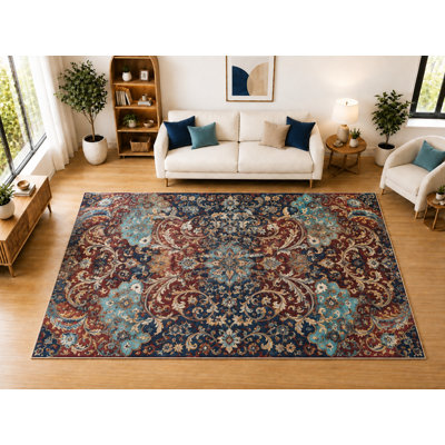 "Ultra Thin" Large 6'7 x 9'10 Baroque Floral Scroll Area Rug for Living Room, Bedroom, Dining Room, Soft Low Pile Indoor Carpet, Vintage Ornamental Floor Decor