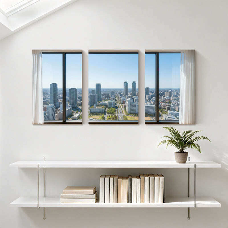 Ensemble de 3 impressions sur toile, "Scenic & Cityscapes Cityscape View Through Large Windows", H 24 po x l 48 po