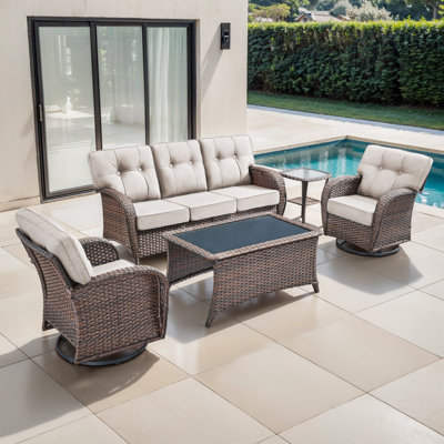 Mobilier de conversation avec coussins en T en osier pour l'extérieur pour 5 personnes Agnes
