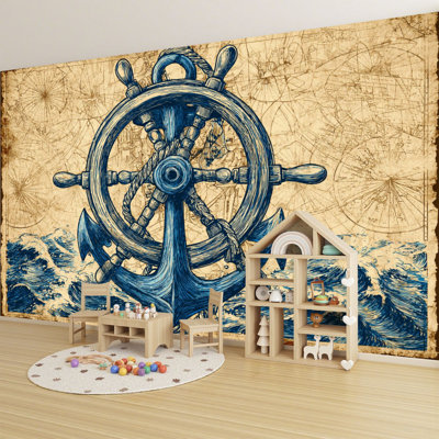 Papier peint adhésif auto-adhésif moderne pour la chambre à coucher avec ancre nautique, corde de roue de bateau, impression de vagues de l'océan L 144 po x l 100 po