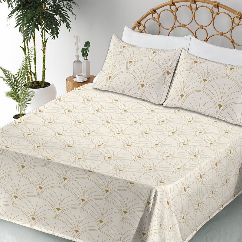 Microfiber Sheet Set, Full Sheet Set with 2 Pillowcases, Light Eggshell/Light Sand Brown Geometric