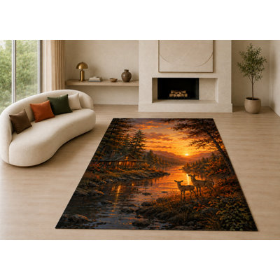 Tapis « Ultra fin » 152 x 213 cm, motif cabane au bord du lac, idéal pour le salon, la chambre à coucher et le bureau. Moquette douce à poils courts avec envers antidérapant en silicone, brun et orange.