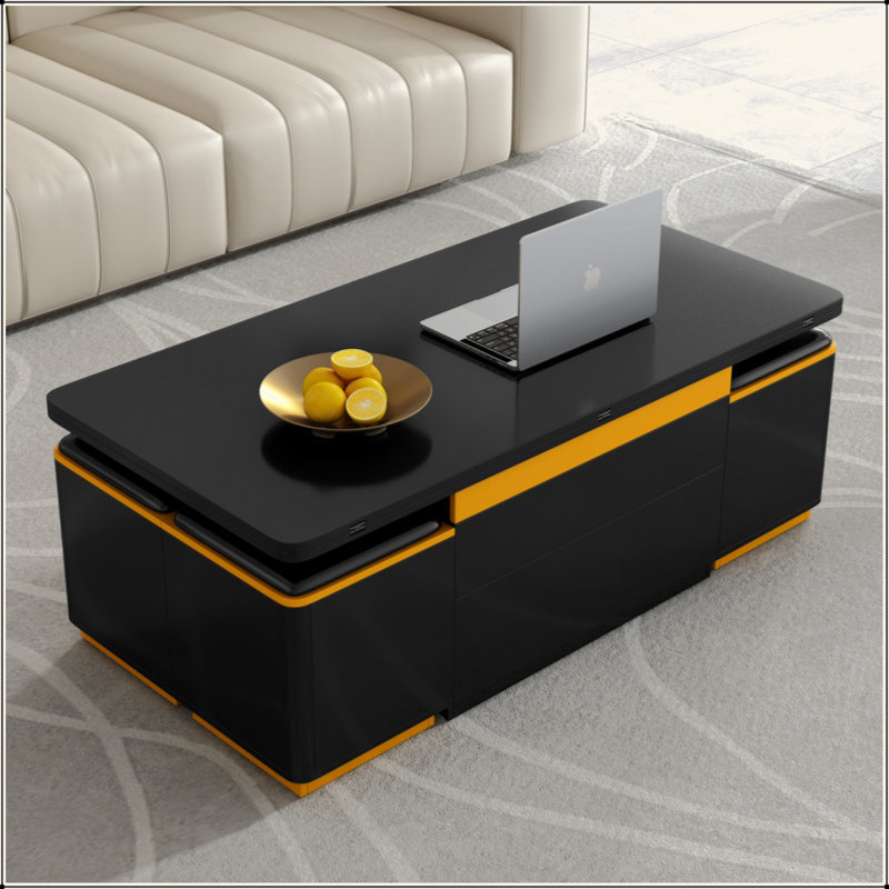 Table basse à plateau relevable avec 4 tabourets de rangement, table basse moderne avec plateau pliable, table basse réglable multifonctionnelle pour le salon