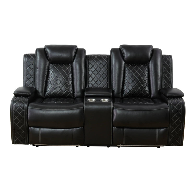 Causeuse inclinable noire en similicuir respirant noir avec console de rangement, porte-gobelets, port USB et base DEL, Noir