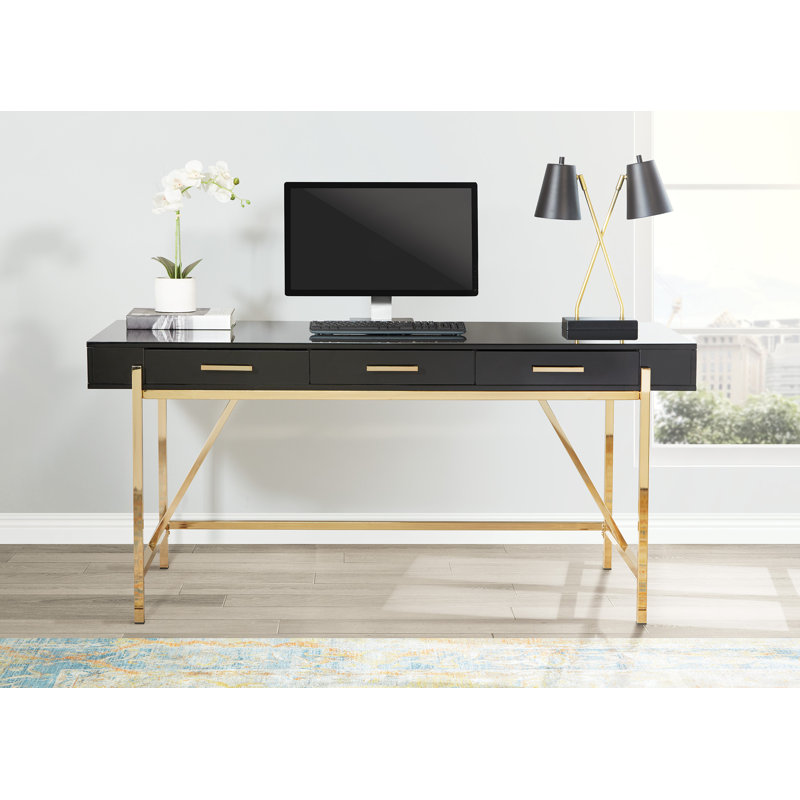 Vallee Steel Writing Desk with Built-In Electrical Outlet, Black/Gold