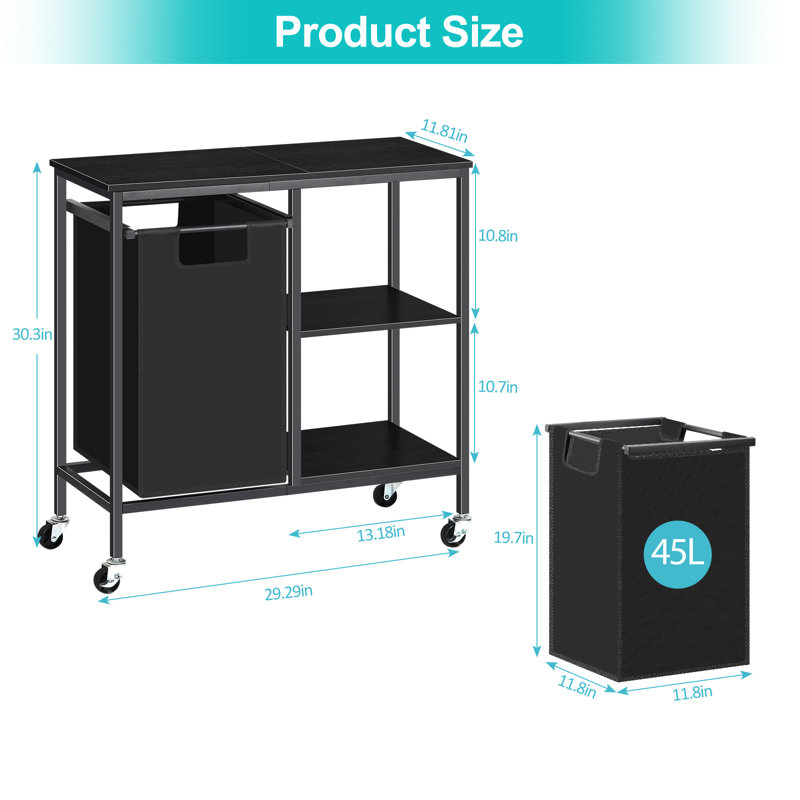 Free Standing Laundry Cart with Wheels, Black