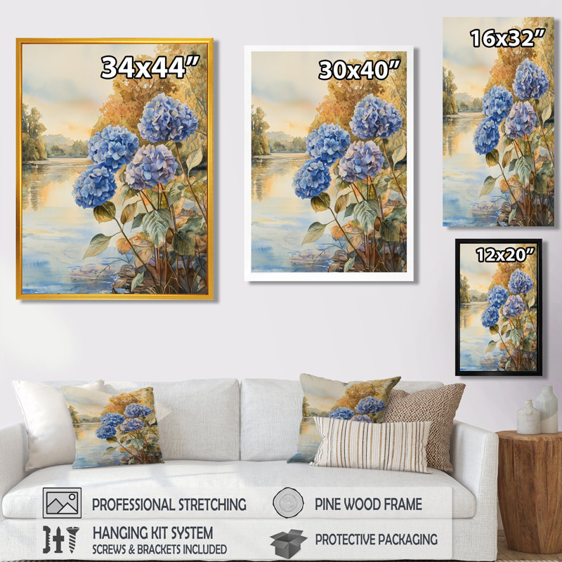 «Hydrangeas By The Riverbank II - Hydrangea», art sur toile, H 20 po x l 12 po, Noir, Reproduction avec cadre flottant