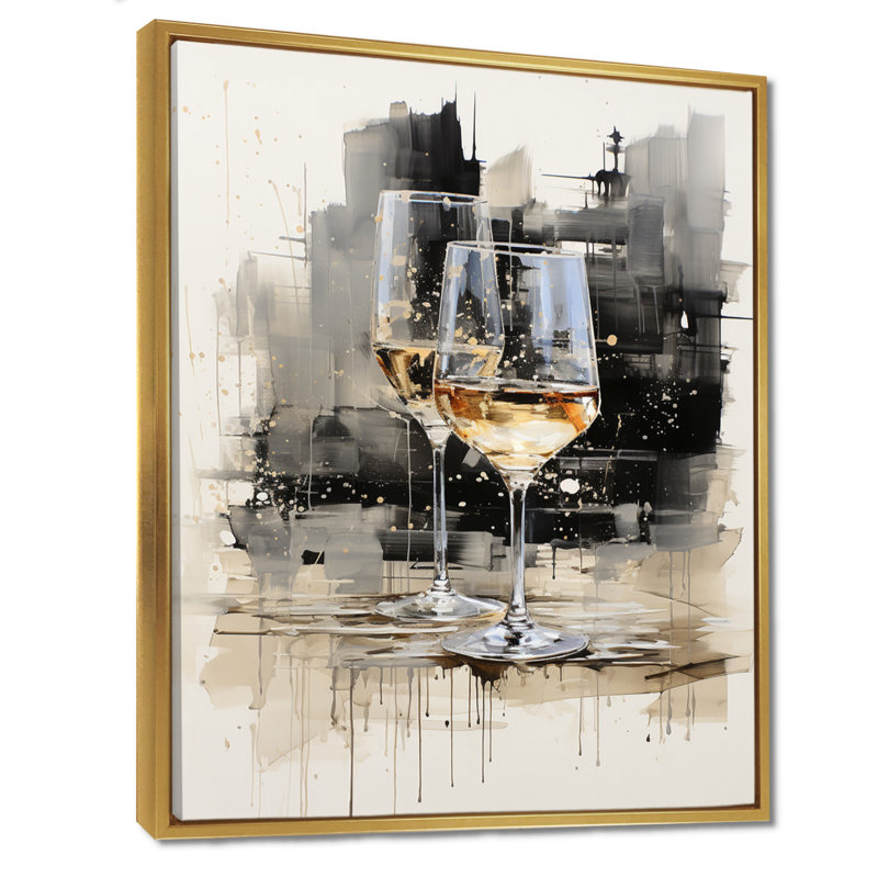 Verre noir et blanc Essence II - Champagne, art mural, Cadre flottant doré, H 32 po x l 24 po x P 1 po